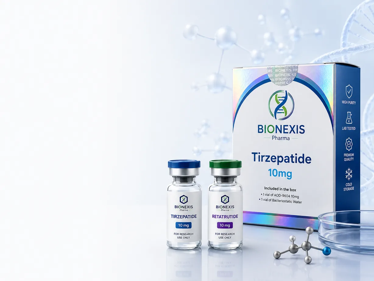Vial de Tirzepatide y Retatrutide junto a su caja Bionexis Pharma